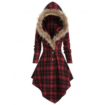 Faux Fur Hooded Plaid Print Lace-up Skirted Coat
