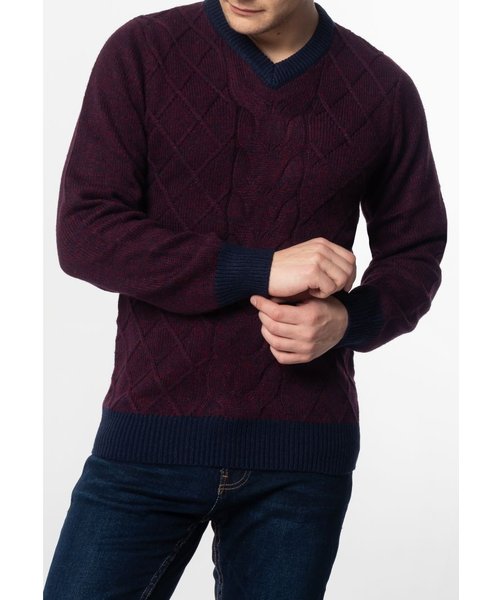 Merc London Hatcliffe Cable V-Neck Jumper With Ribbed Hem And Cuffs In Burgundy Marl