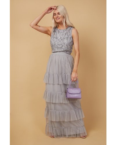 Little Mistress Ophelia Grey Tiered Frill Maxi Skirt Co-ord size: 8 UK
